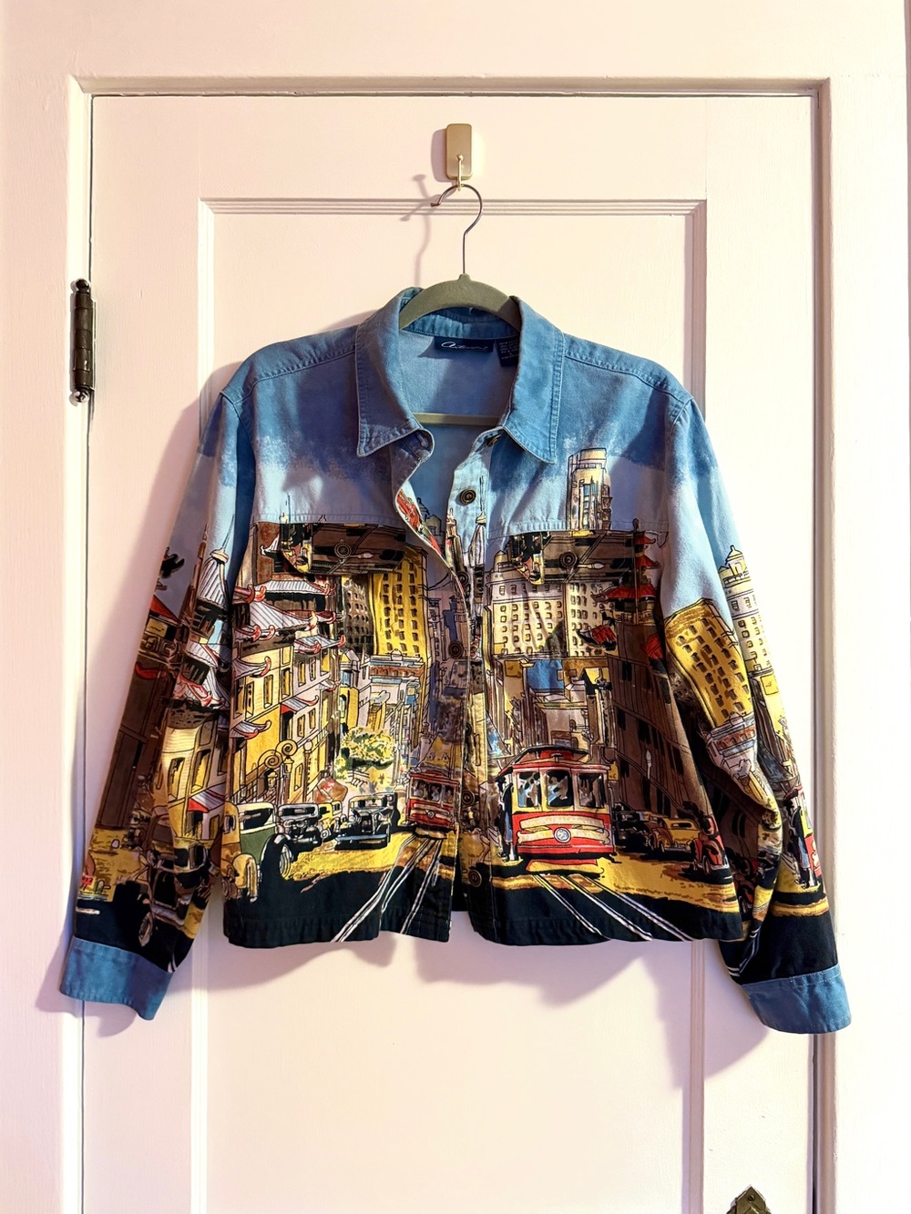 Vintage Artscapes San Francisco Cable Car Cityscape Denim Shirt Jacket